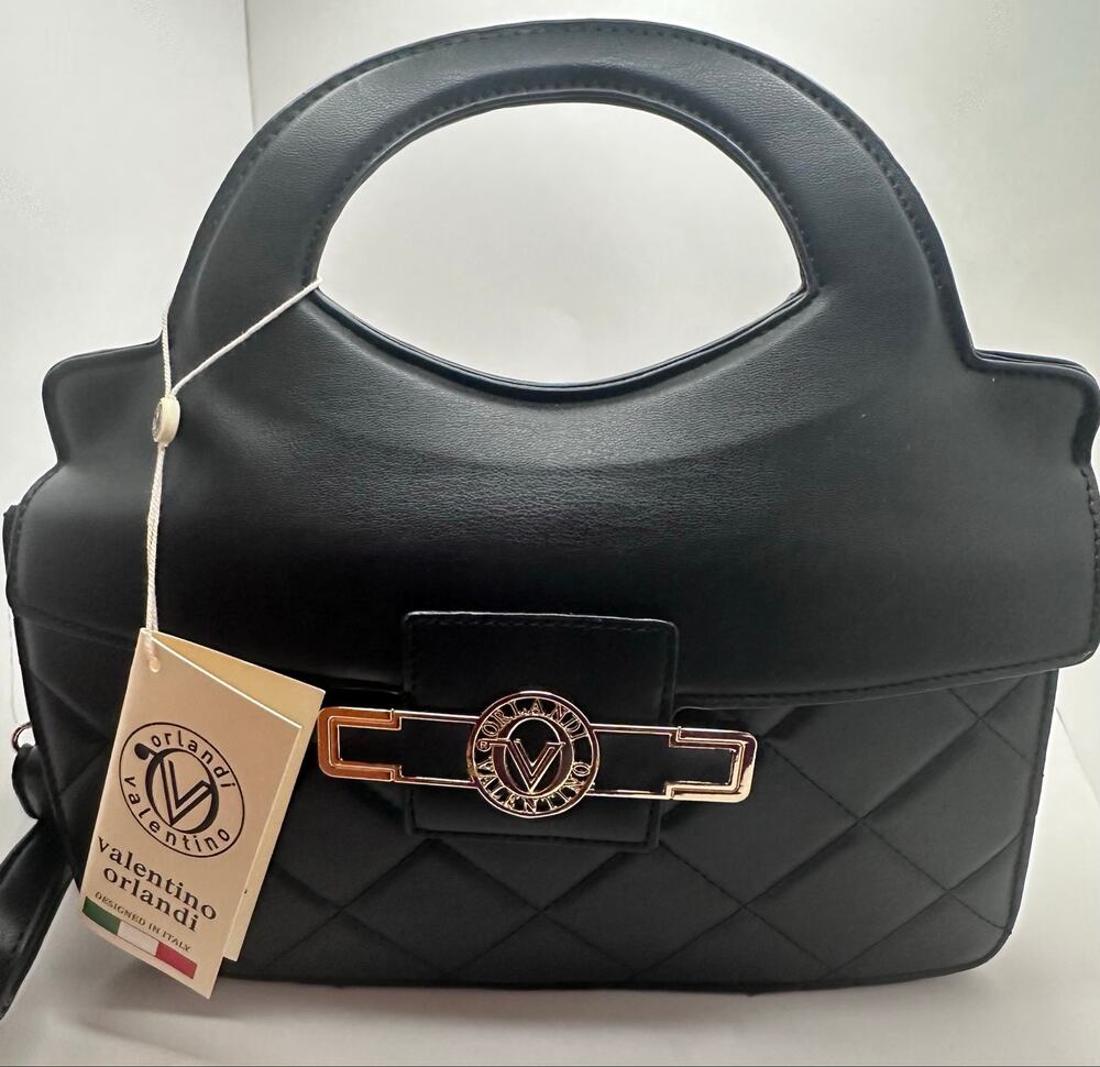 Valentino Orlandi V-2002 Black Quilted Vegan Leather Satchel Crossbody Bag NWT